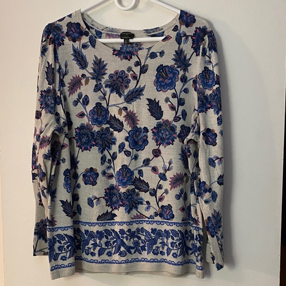 Talbots Plus Merino Wool Sweater with Blue and Pink Floral Design